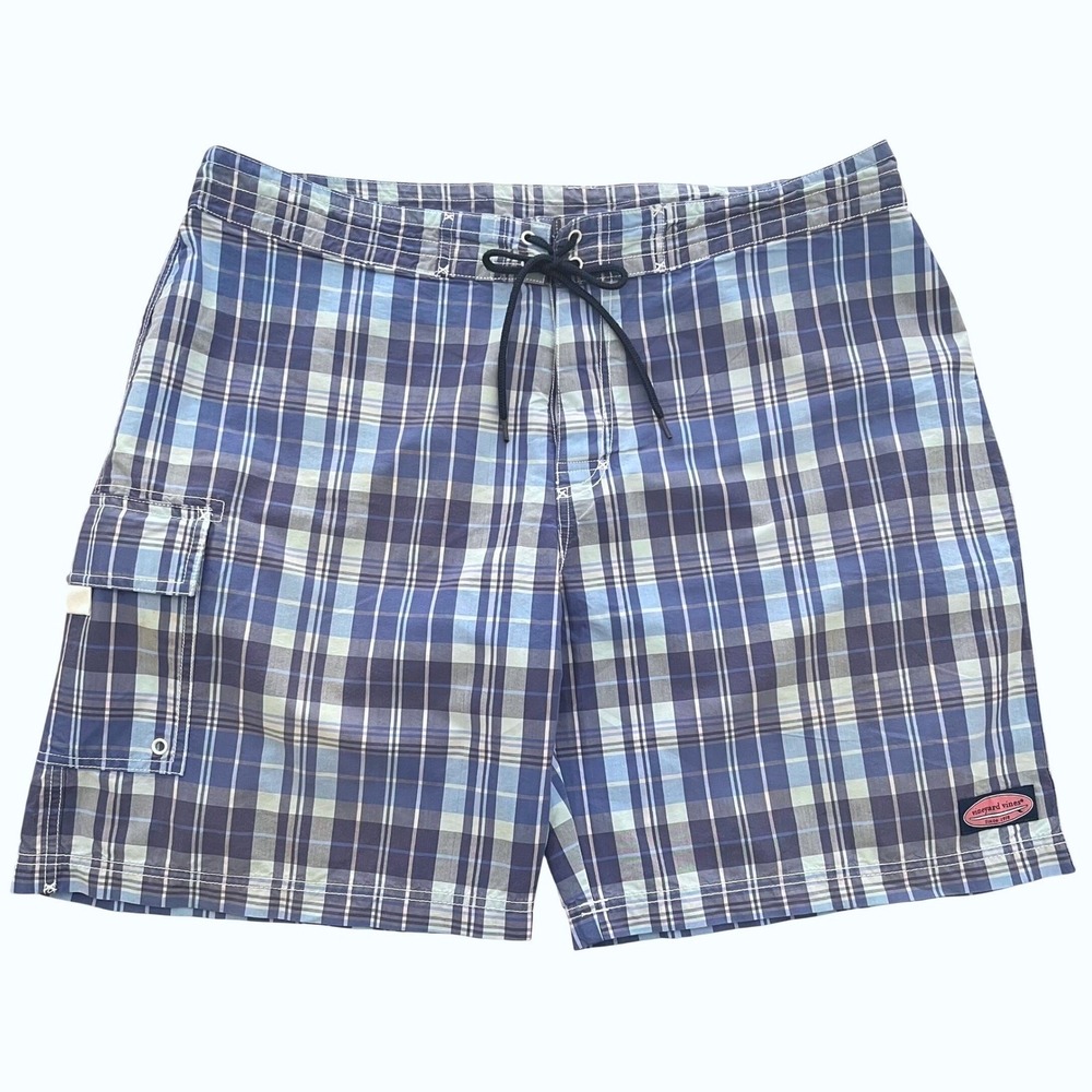 Vineyard Vines Mens Board Shorts 38 Blue Plaid Cargo Pocket Swim Trunks‎ Beach